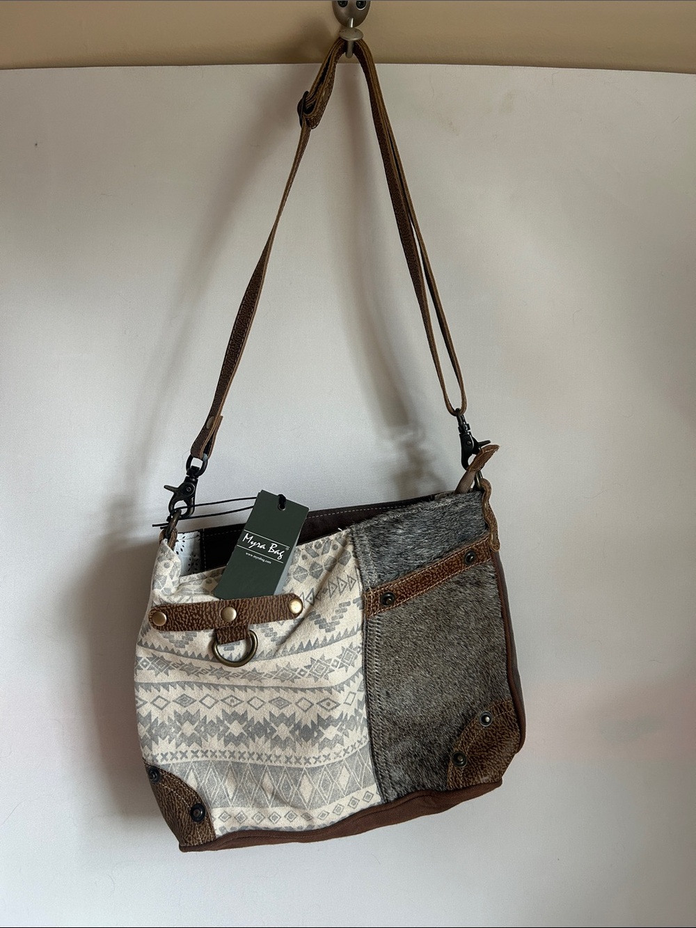 Myra Bag Cream, Brown & Gray Mixed-Texture shoulder Bag NWT